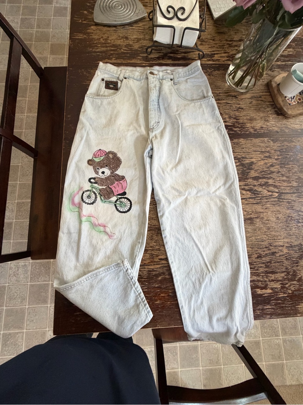 Jean Box made in Italy Light Blue Boyfriend Jeans with Bear-on-Bike Graphic